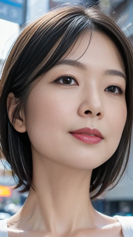 Cute wife、1 person,Slim face ,8k,Super Realistic image quality,Dynamic Shadows,Sparkling eyes,Clear black eyes,Cinema Lighting,Dark back alley,night,Darkness of the city,suit, ((face close up:1.5)),((Smile)),((Random short hair)),((Very short bangs)),close, 8k, RAW Photos, Highest quality, masterpiece,Realistic, photo-Realistic,