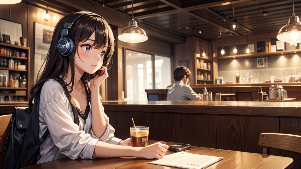 Girl with headphones enjoying music in a cafe　I am studying　Emphasize a little bit of the chest