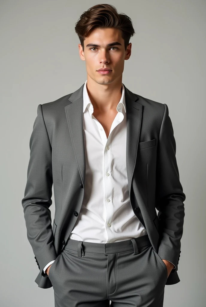 Handsome man in his early 20s、Handsome European man in his 20s、Like gay handsome guy、Please face forward、Male in his early 20s、Brown short hair，Gray suit，White shirt，Hands in pockets，