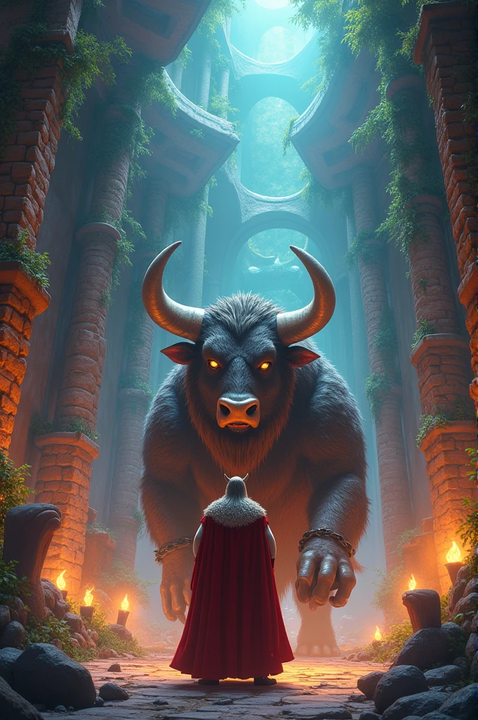 A king imprisoning a minotaur in an animated children's labyrinth