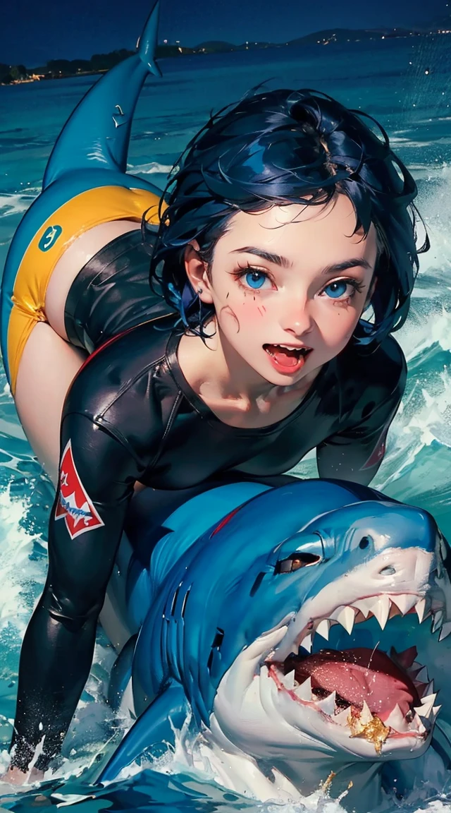 masterpiece, ultra high quality:1.5, ((best quality)), (1 girl(20years old) (wearing a shark costume)), ((8k)), ((blue hair(long), (messy))), face focus, blue eyes, looking at viewer, laughing, (gold teeth):3.0