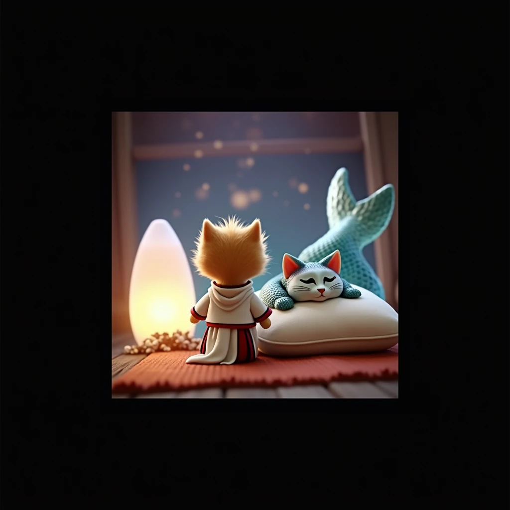 A whimsical illustration featuring a cat character dressed in a white tunic and red belt, standing over a bed. In the bed, a sleeping mermaid with a fish tail and cat-like features rests on a pillow, while a soft glow from a nearby lantern illuminates the scene. The setting has a cozy, rustic feel, with wooden walls and a serene atmosphere. Cinematic style hyperrealistic, high quality, ultra realistic, high quality portrait, Cinematic Background,