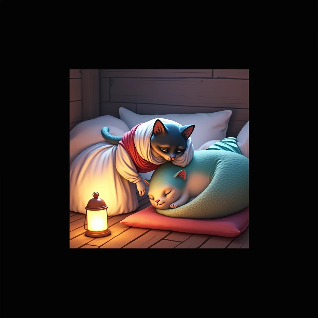 A whimsical illustration featuring a cat character dressed in a white tunic and red belt, standing over a bed. In the bed, a sleeping mermaid with a fish tail and cat-like features rests on a pillow, while a soft glow from a nearby lantern illuminates the scene. The setting has a cozy, rustic feel, with wooden walls and a serene atmosphere. Cinematic style hyperrealistic, high quality, ultra realistic, high quality portrait, Cinematic Background,