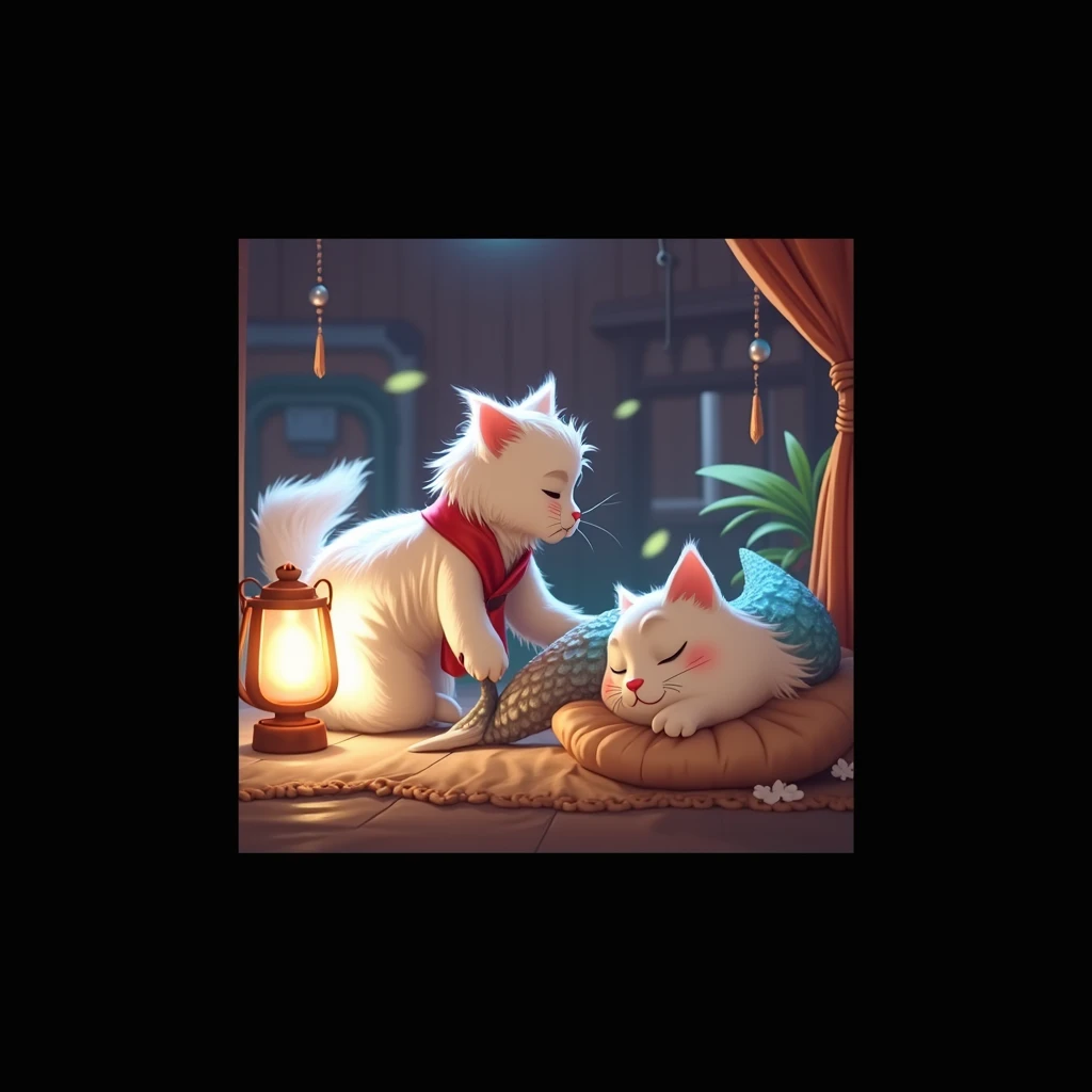 A whimsical illustration featuring a cat character dressed in a white tunic and red belt, standing over a bed. In the bed, a sleeping mermaid with a fish tail and cat-like features rests on a pillow, while a soft glow from a nearby lantern illuminates the scene. The setting has a cozy, rustic feel, with wooden walls and a serene atmosphere. Cinematic style hyperrealistic, high quality, ultra realistic, high quality portrait, Cinematic Background,