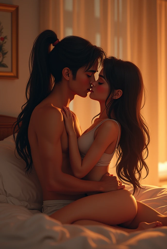 Create a image of a 2 indian girl in a and boy both kissing each other girl have long black silky hair and Highponytail both are Romancing on bed. 