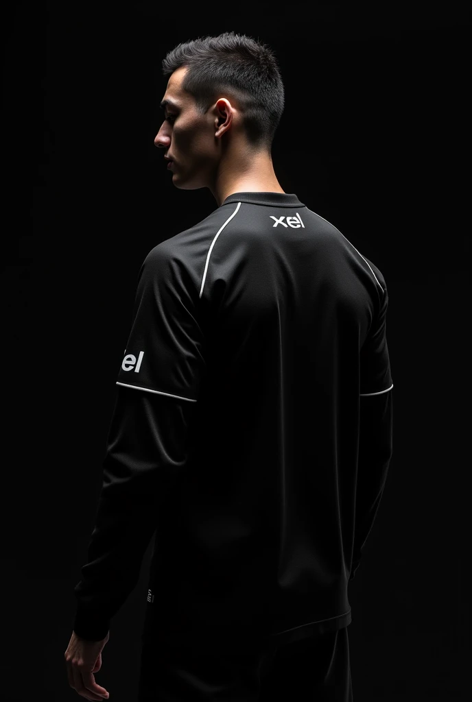 a very close back shot with side pose of a skinny guy without head wearing a black eSports jersey with long sleeves with sponsorships on the back of the jersey and with "XEL" written on the back with small letters with black background 
