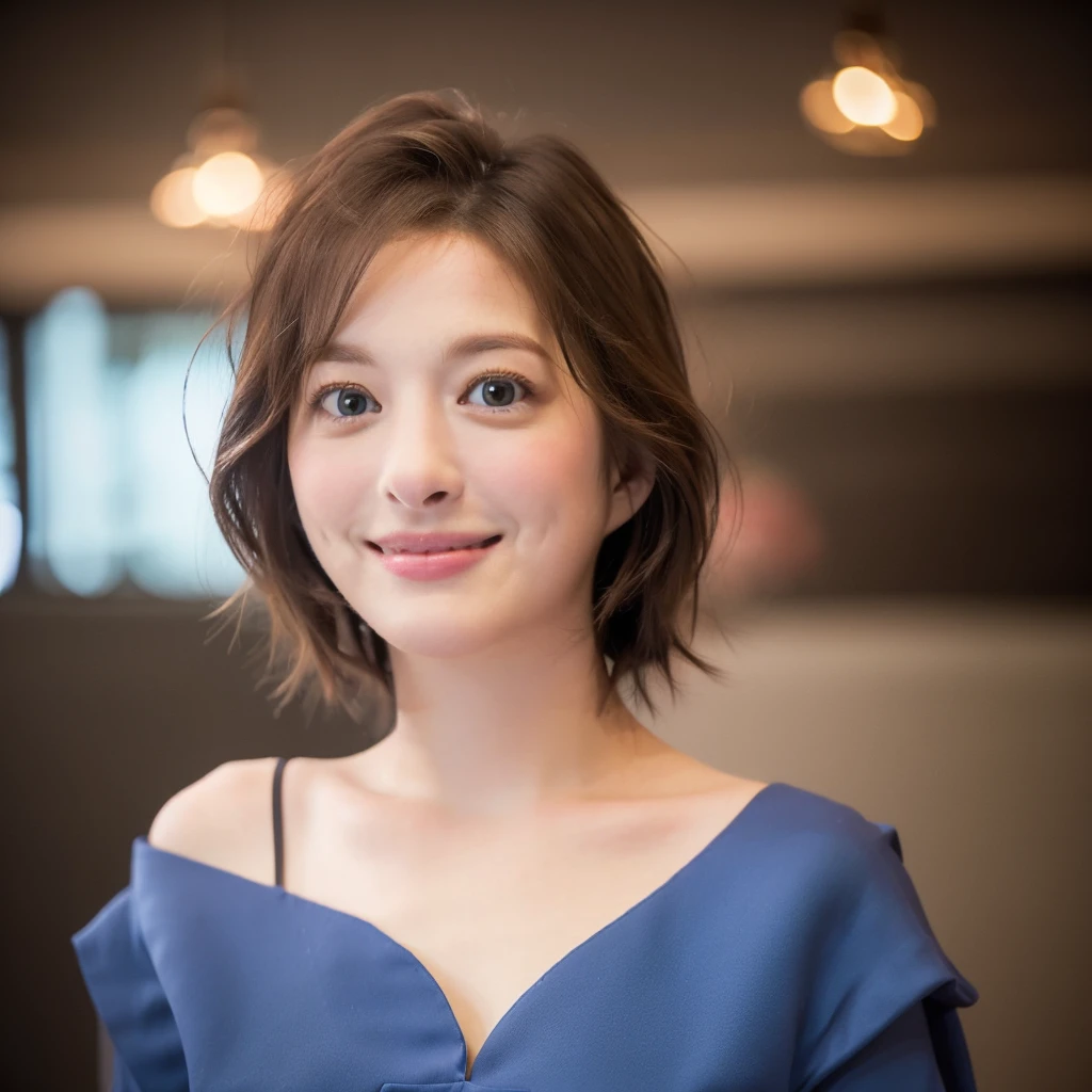 a Close-up portrait of gorgeous smiling cute Japanese woman in a glamorous blue dress outfit, delicate facial features, porcelain-skinned, ponytail, a fusion of young Marion Cotillard's striking eyes and young Anne Hathaway's introspective gaze, long and slender cute face, curved eyebrows, droopy hooded eyes, low nasal bridge, wavy nose, smiling, thin lips, short pixie cut hair, silhouette, bokeh, lobby bar lounge background,