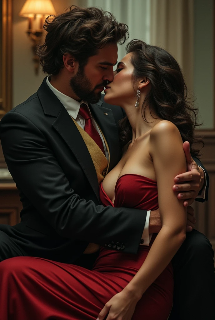 The man in untidy suit holding a beautiful woman in sexy gown in his lap. The man grabbing the woman's cheek strongly