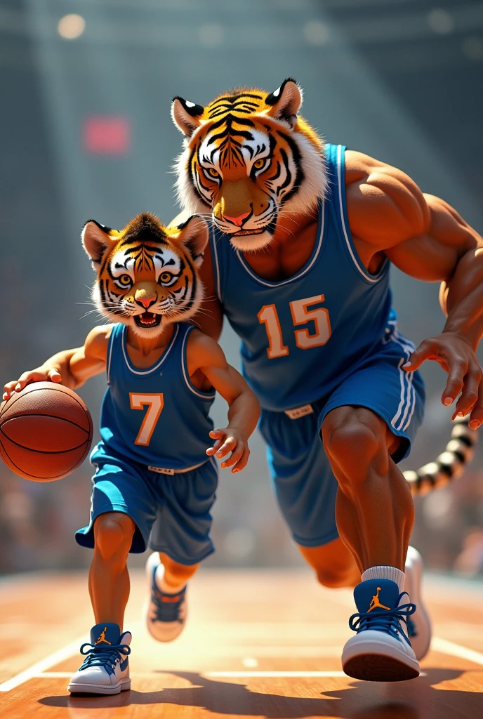 Tiger with his son, playing basketball The son of the tiger has the number 15 he must be a tiger son the tiger has the number 7 the uniform must be blue they have jordan tennis shoes the tiger is muscular