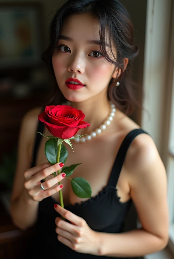 Photography,HD,lifelike,Real People,An Asian girl holding a red rose in her hand,Smell the flowers,The movements are natural and elegant,1,Slightly fat,Red nails,Beautiful facial features,Exquisite makeup,Exquisite eyes,Eye details,Dark eyeshadow,Pearl Necklace,Black suspender skirt,Shoulder,arm,Soft light and shadows indoors,Rich details
