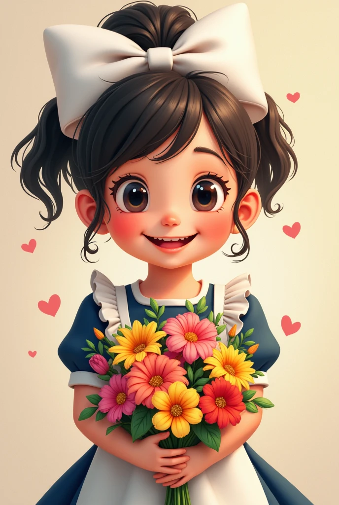 Create a portrait of a first-grader girl with a bright bouquet of flowers and a huge white bow on her head. Dress in dark blue, white apron