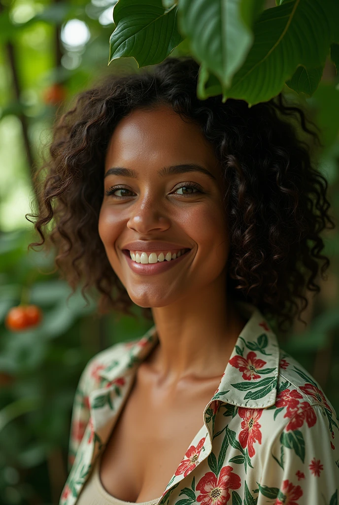 A Brazilian woman in a lush tropical garden, wearing an open shirt with a floral print, with a close-up capturing the harmonious beauty between her breasts and the natural flowers, showing off your natural charm and outgoing personality.