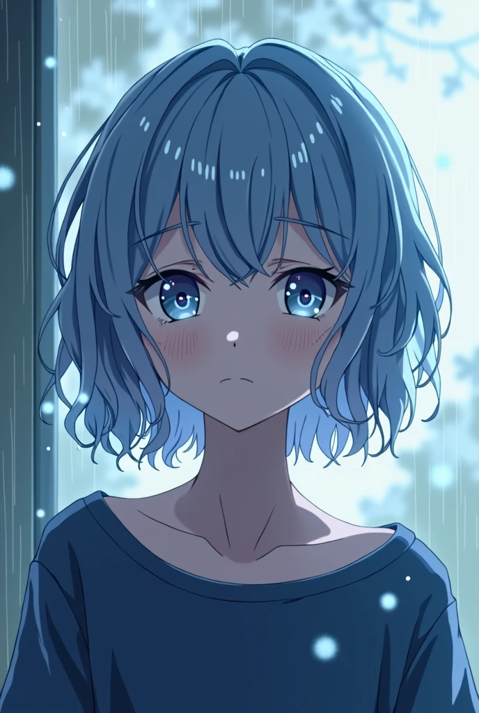 Anime girl with LAZY AND HALF LIDDED and striking blue eyes with slit pupils and pale blue hair curly hair cut in a BOYCUT

She's wearing a dark blue tunic and with droplets floating around her
Rain