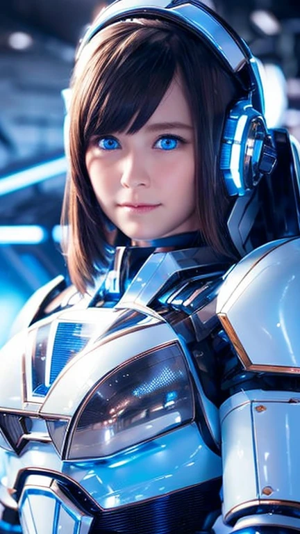 Wide-angle shot, 1 female, Mecha, Sparkling Blue Eyes, Very cute face, (Realistic:1.37), バイオMechaニカル, Spaceship interior bokeh background, Ultra-realistic, Very detailed, Very intricate details, Beautiful woman in focus