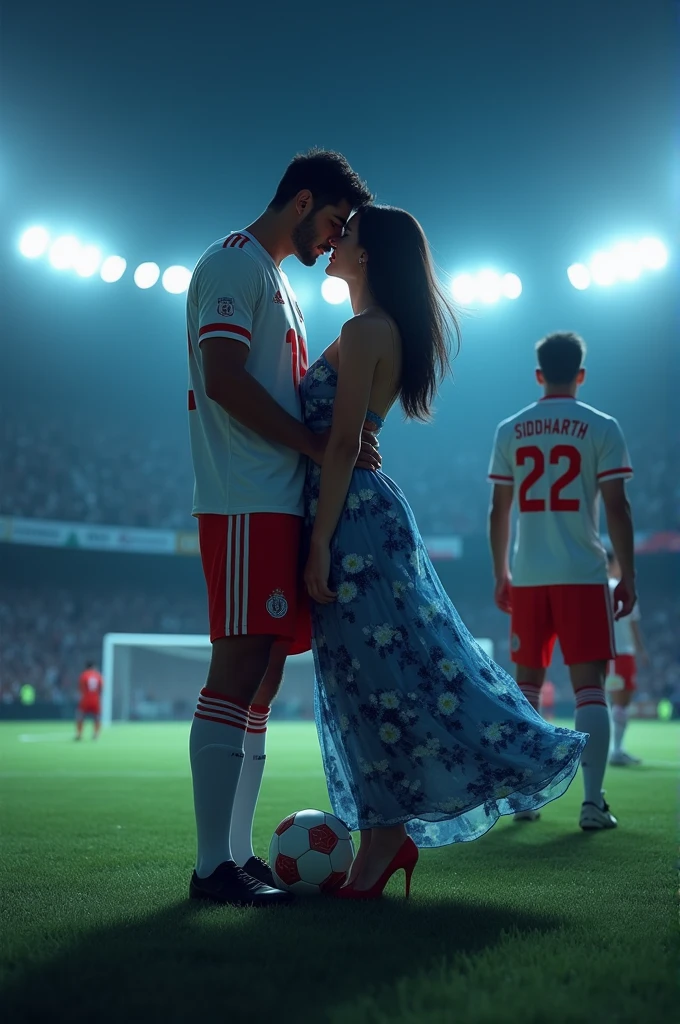 A man and woman kissing eachother in football stadium ground at night time all spot light on them woman is wearing glasses and had black hair . Woman is wearing blue dress high heels . Man is wearing white and red colour 32 number jersey. Siddharth written on jersey. Woman is cupping man s face . Man s one foot resting on a soccer ball. Man is 1 feet taller than woman. Add some audiance in stedium . . Make it real .make boy handsome . Man 2 feet taller than woman. Jersey number is 32. Add goal net in back ground . One man is back towards Siddharth and he is also wearing 22 number white and red jersey. Write neil on jersey . He is standing near them with his back joining fist man s back. Make dress long and floral and hair set in straight.
