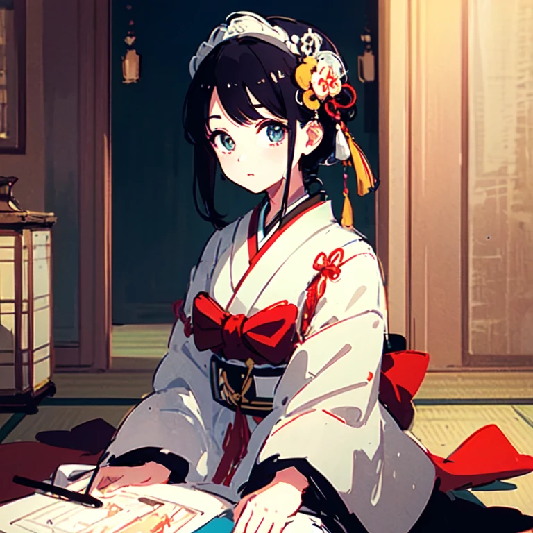 (Highest quality, sketch:1.2),Illustrator, masterpiece, Style: Taisho retro room、 Classic, Dark Black、Japanese style、Japan、I'm in the room、smile, good look,
