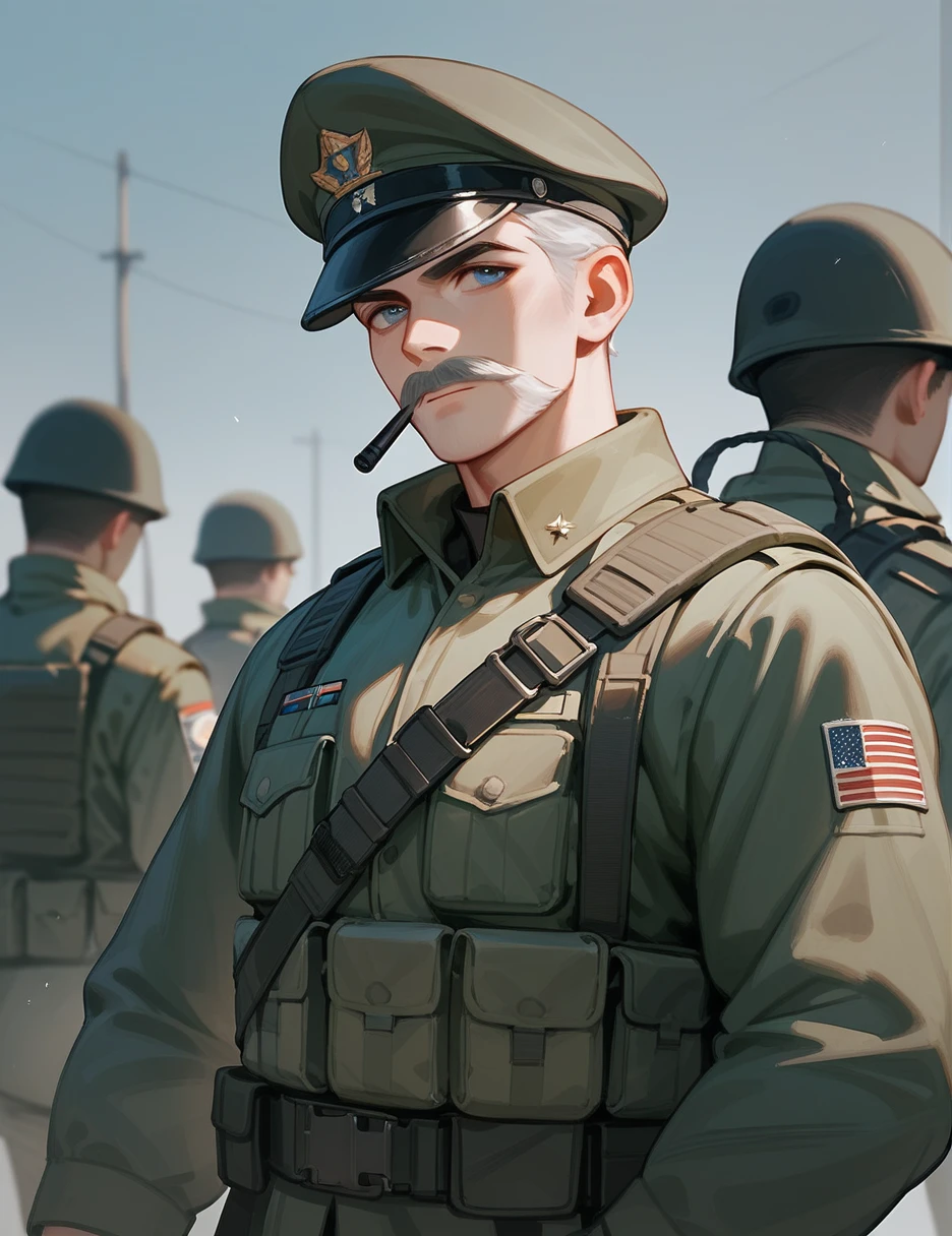 create a soldier, with a gray mustache, he has a soldier's beret too, He is smiling
