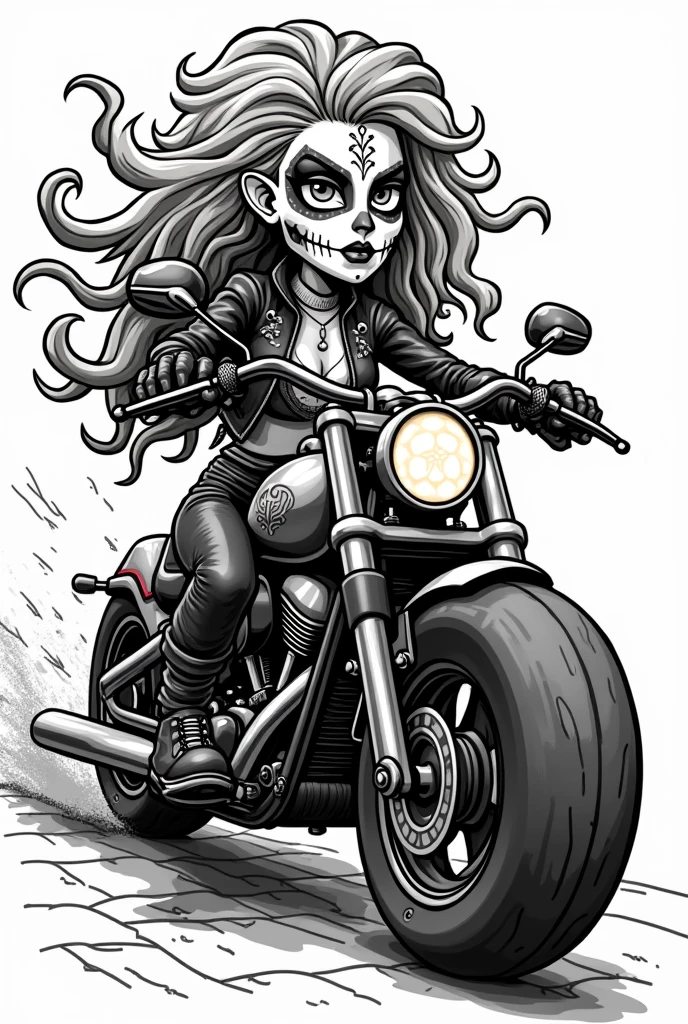 (Black and white doodle style cartoon) Biker Medusa with Mexican Skull Makeup. Moto custom