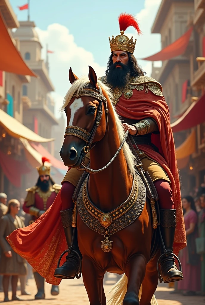 Persian king with his crown riding a horse next to the horse add an officer of the king in the background a Persian market with people looking at them two