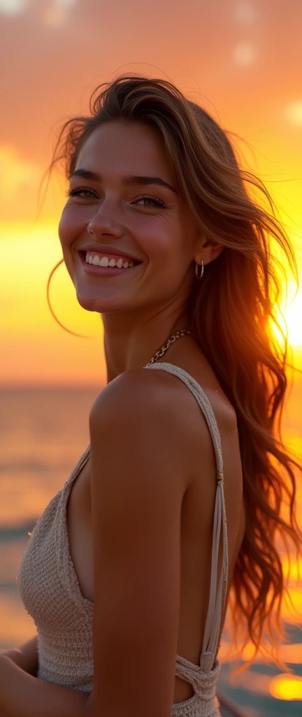 (((the light sparkles in your eyes accentuating every detail))),(((the sunlight illuminates your entire face, face ilumined))), SHE HAS EVERYTHING THAT MAKES A WOMAN SEXY, closeup on face, SHE HAS A ROUND FACE AND BLONDE HAIR, THE SEXIEST OF ALL WOMEN, PERFECT FEATURES, EVERY DETAIL OF HER FASCINATES THOSE WHO SEE HER, the tip of your nose is as flushed as your cheek, She has a wide mouth with full lips that are covered in pink glossy lipstick, She is happy and has a beautiful, lively smile, her honey-colored eyes look to the horizon, she wears makeup and long eyelashes, your nose is long thin UPTUCKED, his closed eyes are looking at the horizon, I can clearly see every detail of your perfection, light brown hair like her honey colored eyes,, , your eyebrow is well done and defined, She wears a bracelet, earrings and necklace made of emeralds that sparkle, your collarbone is well defined, your neck is thin, she looks like she's only 18 and looks quite young, hair fluttering in the wind, holding hair, YOUR NAILS ARE PAINTED, It's a beautiful day at the beach and she's looking out to sea on a beautiful pier leaning against the railing, It's a beautiful sunset, Golden hour, the color of the environment blends with its beauty, SHE HAS FAIR, TAN SKIN WITH A TAN MARK, your beauty is impeccable, the drops on your body wet by the sea sparkle