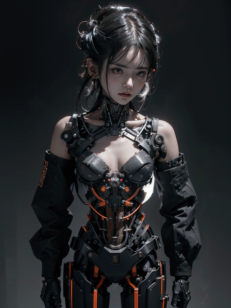 Wiring piping weapon background、Cyborg Robot、Wear、mechanical background、Wires from the cockpit、masterpiece、Cute female mechanical limbs, Tubes connected to machine parts, Mechanical vertebrae attached to the spine, Mechanical cervical attachment to the neck, Wires and cables connected to the head, Global Illumination, Deep Shadow, Octane Rendering, 8k, Ultra Sharp, Metal, Intricate decorative details,, Very intricate details, Ultimate Weapon、shoulder machinery Shoumai Machinery、Arm Machine、Half Face Robot、顔半分Metalパーツ、Half cyborg、Cable from head、Cable from the foot、