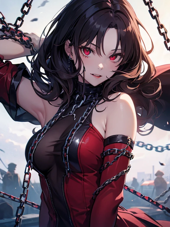 (Chains:1.5), (vampire:1.2), cute, Beauty, Tohsaka Rin, (masterpiece), highest quality, 1girl, uhd, retina, masterpiece, ccurate, anatomically correct, textured skin, super detail, high details, high quality, best quality, highres, 4K