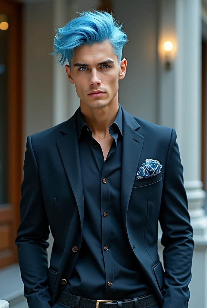 A man with light blue hair and blue eyes, elegant dress with fashionable clothes