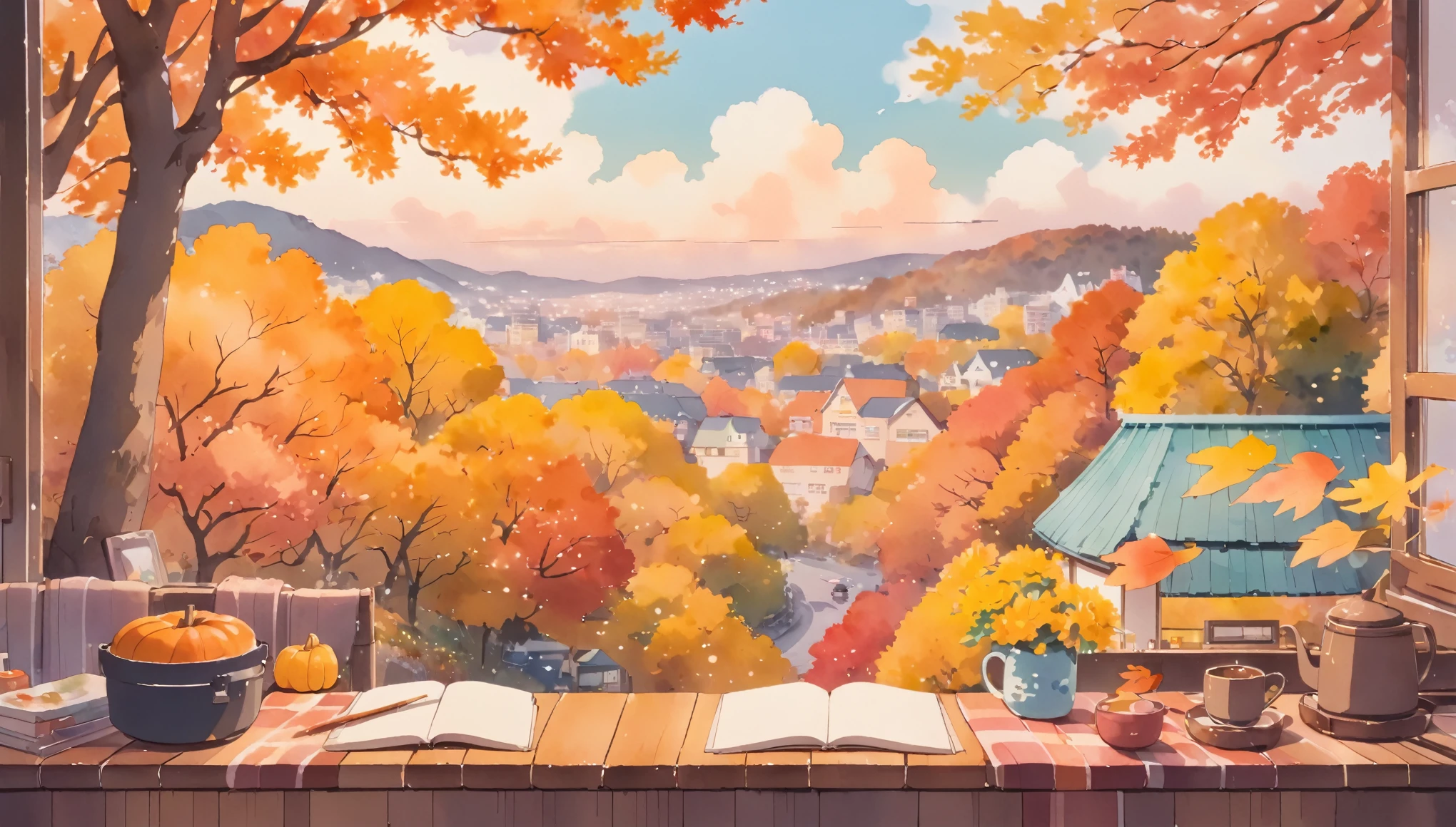 ultrawide Cozy autumn aesthetic fall,Studio ghibli inspired,Watercolor,no people,Lofi,Cute