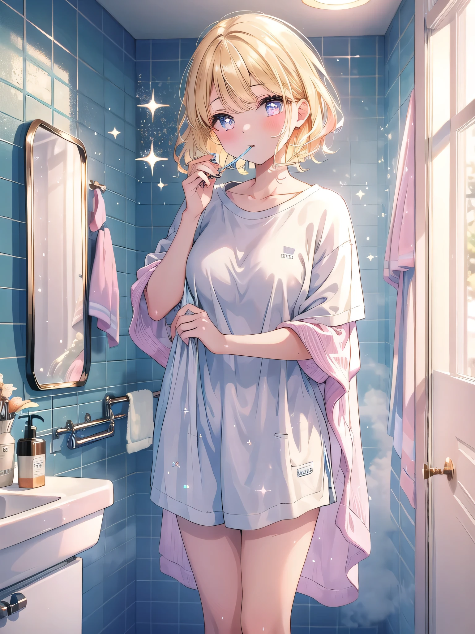 ((8k, Highest quality, masterpiece: 1.3)),Ultra-high resolution,(1 girl, alone), (Color changing eyes, Ultra-detailed, Expressive brilliance, Glitter, Glowing Eyes), Highly detailed eyes, Highly detailed face, Random Hair, ((pastel colour))A young girl with short, blonde hair stands in the bathroom, brushing her teeth. She’s wearing a simple pajama set, consisting of a loose-fitting T-shirt and shorts. Her expression is relaxed, her eyes half-closed as she goes through her bedtime routine. The bathroom is bright and clean, with a large mirror above the sink and a few toiletries neatly arranged on the counter. The sound of running water fills the room as she rinses her mouth, and the cool tiles underfoot add to the refreshing feel of the evening. A towel hangs on a nearby rack, ready for her to use after she finishes up.