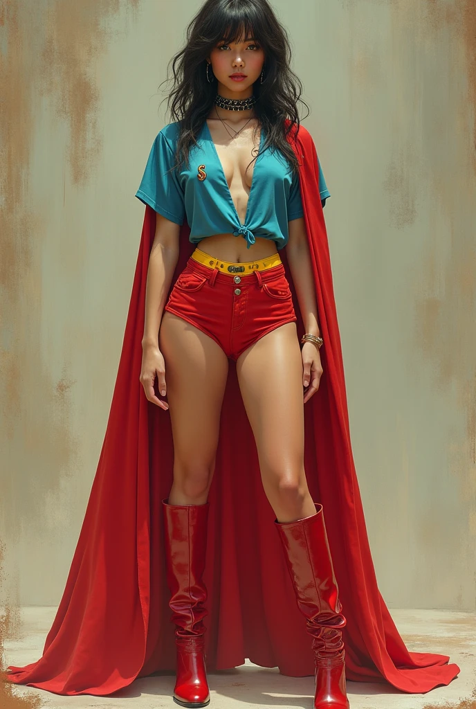 A SEXY BUSTY TEEN FEMALE WEARING A 1970  OPEN V BUTTONLESS FULL LENGTH BLUE PEASANT BLOUSE WITH A SMALL "S"EMBLEM ON THE RIGHT SIDE OF HER CHEST, A PAIR OF RED SHORTS WITH A YELLOW BELT, TALL RED HEELED BOOTS, A SPIKED COLAR,, AND A LONG FLOWING RED CAPE.