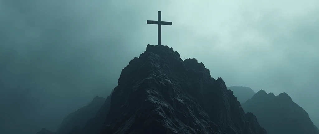 cross on the top middle of the mountain has dark colors low key 4k