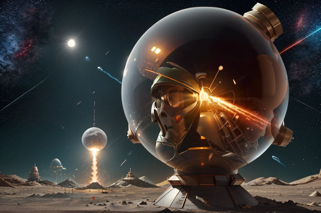 A giant robot (Martian theming, head has helmet styling and a large bubble dome cockpit), lunar surface, stars in back ground, action pose, shooting a rocket fist at viewer connected to mech via chain
