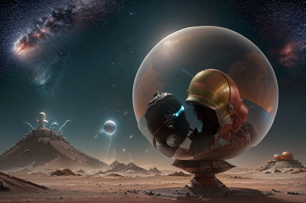 A giant robot (Martian theming, head has helmet styling and a large bubble dome cockpit), lunar surface, stars in back ground, action pose, shooting a rocket fist at viewer connected to mech via chain
