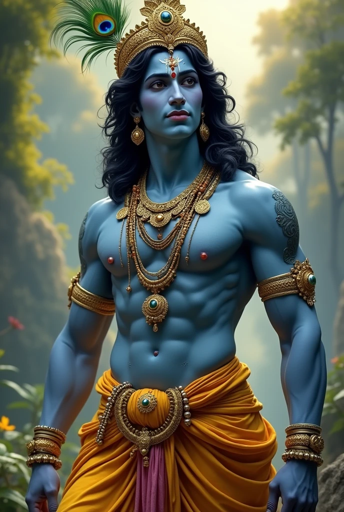 "Create an ultra-realistic image of Lord Krishna, depicted as an extraordinarily handsome and beautiful man. His skin should be a flawless, luminous blue, with a smooth texture that highlights his divine nature. His facial features should be impeccably sculpted—sharp jawline, high cheekbones, and full lips, all harmoniously balanced. His large, almond-shaped eyes should be captivating, with long lashes and a gaze that radiates warmth, love, and wisdom. His hair should be thick, silky, and jet-black, cascading down to his shoulders, adorned with a golden crown inlaid with intricate designs and peacock feathers. Krishna should wear a finely embroidered golden-yellow dhoti, draped elegantly, and adorned with luxurious jewelry—necklaces, bracelets, and earrings that glint with divine light. His body should be perfectly toned, with defined muscles that reflect both strength and grace. The background should be a breathtakingly beautiful natural setting with vivid colors, lush greenery, and a soft, glowing light, all contributing to an ethereal, heavenly atmosphere. The image should capture the essence of Krishna’s divine beauty and extreme handsomeness, with a level of realism that brings the deity to life."