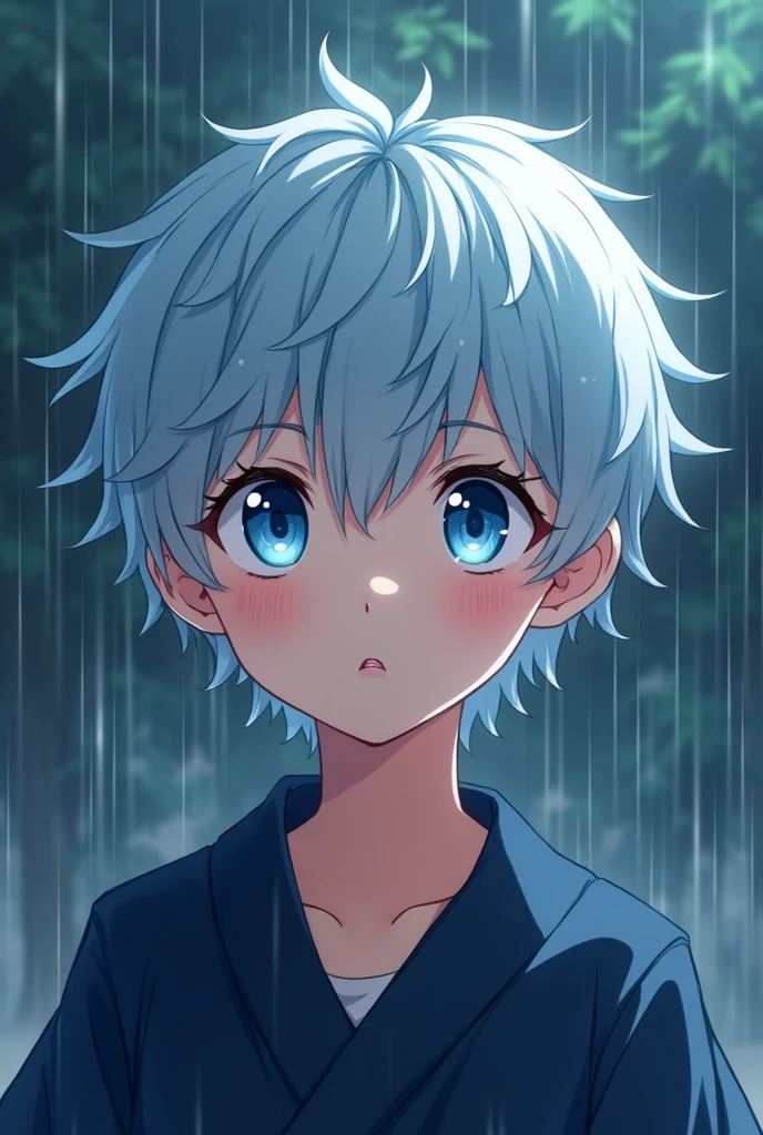 Anime boy with LAZY AND HALF LIDDED and striking blue eyes with slit pupils and pale blue hair curly hair cut in a BOYCUT

She's wearing a dark blue tunic and with droplets floating around her
Rain