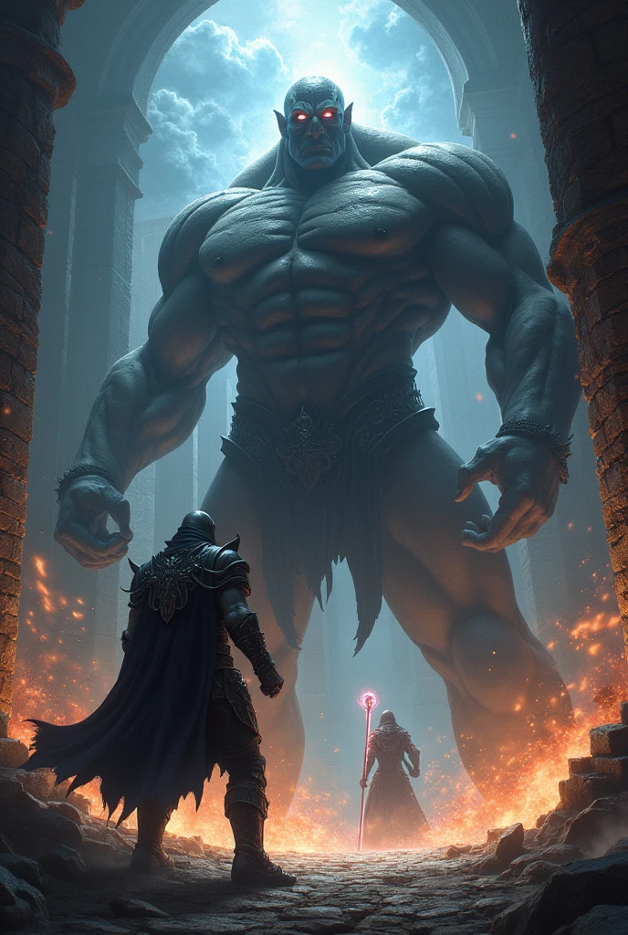 "Create a dynamic scene of Dio giant battling Malikar sorcerer in the heart of the dark fortress. The image should be filled with action, showing giant Dio’s strength as he confronts Malikar’s dark magic, with flashes of light and shadow clashing."