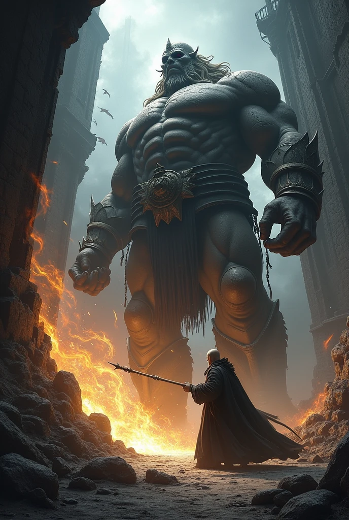 "Create a dynamic scene of Dio giant battling Malikar sorcerer in the heart of the dark fortress. The image should be filled with action, showing giant Dio’s strength as he confronts Malikar’s dark magic, with flashes of light and shadow clashing."