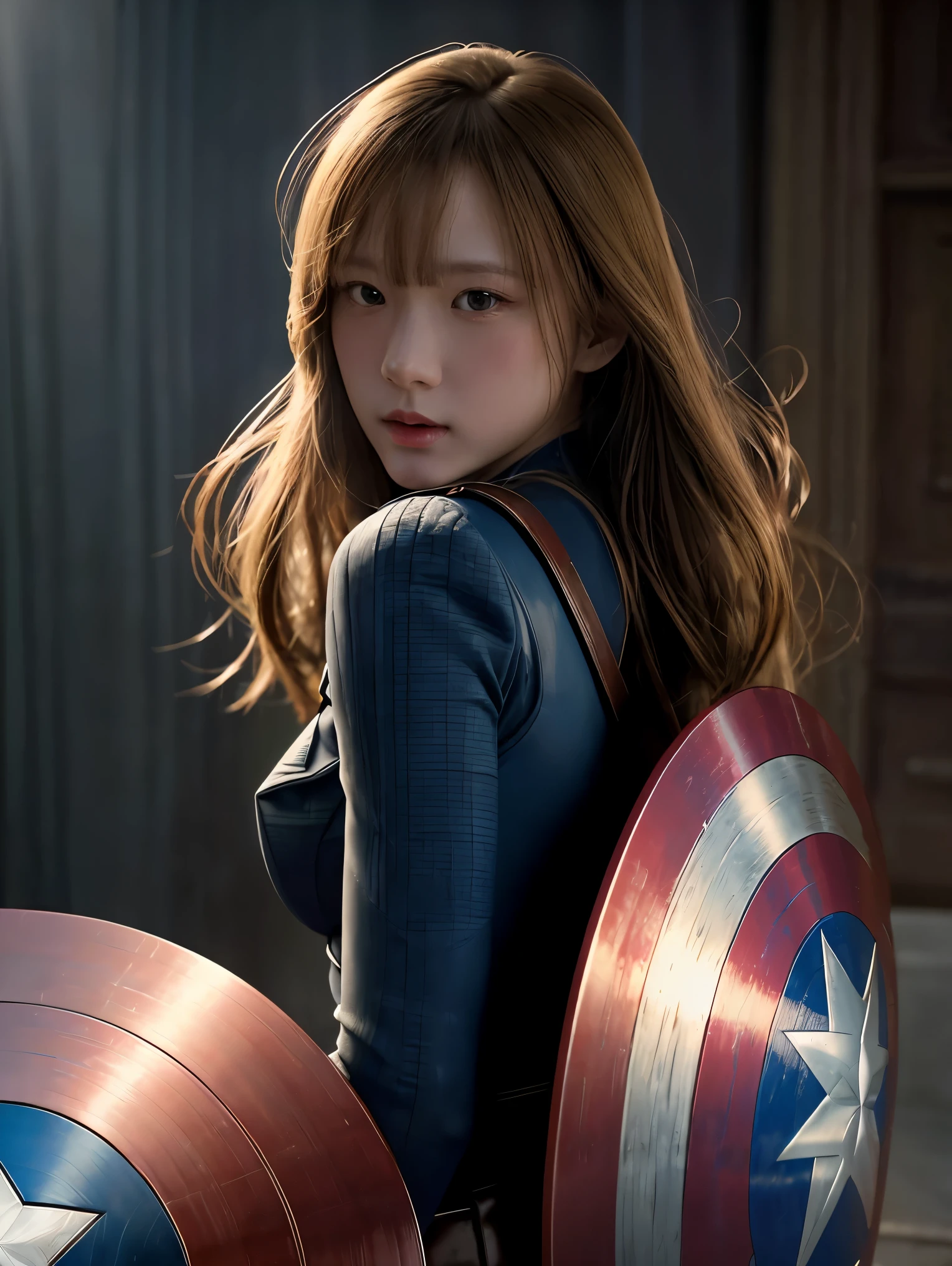 1 girl is captain america 8k, high definition, ใบหน้าที่มีdetails, ใบหน้าที่มีdetails, ดวงตาที่มีdetails, ชุดdetails, In the style of Marvel and DC, Too realistic, + movie shot + dynamic elements, detailsอย่างไม่น่าเชื่อ, sharpen, details + superb details + Evening with light + perfection + Award-winning realism ((mood light))
