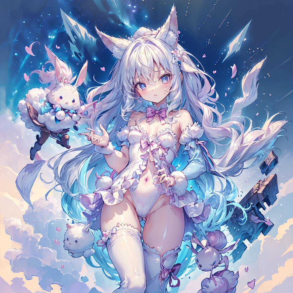 Perfect Anatomy、Perfect human body、Super detailed、Highest quality、Masterpiece、Award-winning works、A cute little guy wearing a rabbit costume、fluffy、Loose、pastel colour、Highest quality、Masterpiece、Milky white hair color、kawaii tech,Unique and cute outfits、