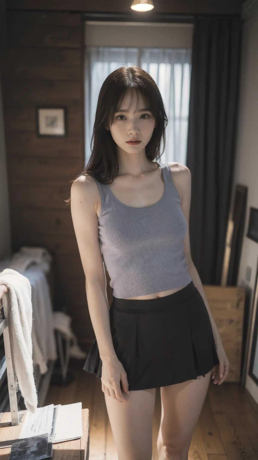1girl, woman, masterpiece, best quality, highest quality, cinematic lighting, (volumetric lighting), extremely detailed CG unity 8k wallpaper, focused, 8k wallpaper, extremely detailed, ultra realistic, photorealistic, sharp focus, absurdres, (HDR:1.2), (high contrast), photograph, detailed and intricate, instagram, portrait, highly detailed, digital painting, artstation, concept art, smooth, sharp focus, illustration, cinematic lighting, (natural big breast), black short skirt, eyes looking at the viewer, ((medium shoulder)), (skinny legs), (slender body), (((height 163cm))), (HQ skin:1.4, Realistic human body structure), (medium body shot, hips level shot), (aerial shot photo), (wearing knit strap tank top, short skirt), (real skin of thighs)