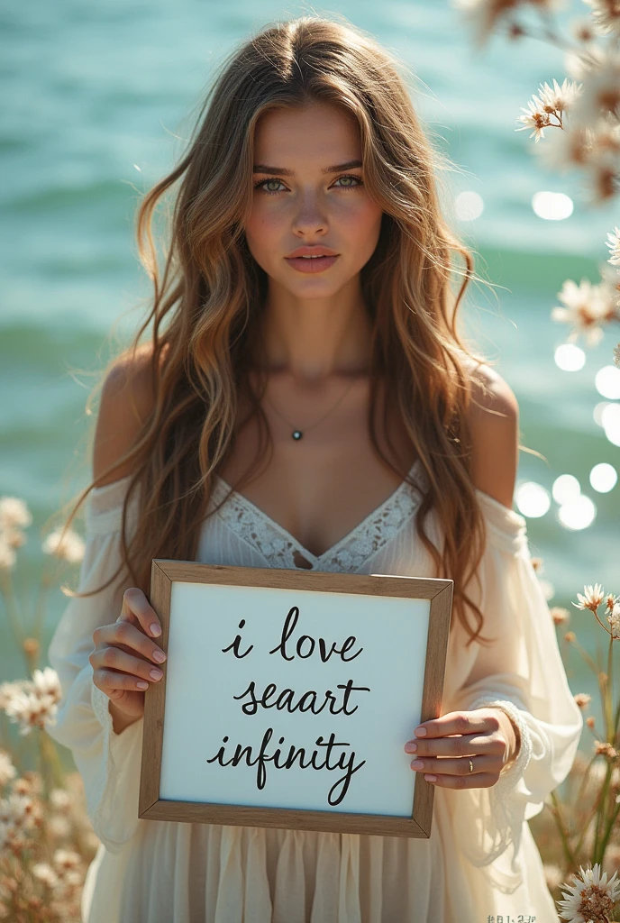 Beautiful girl with wavy long hair, bohemian dress, holding a white board with text "I Love Seaart Infinity" and showing it to the viewer