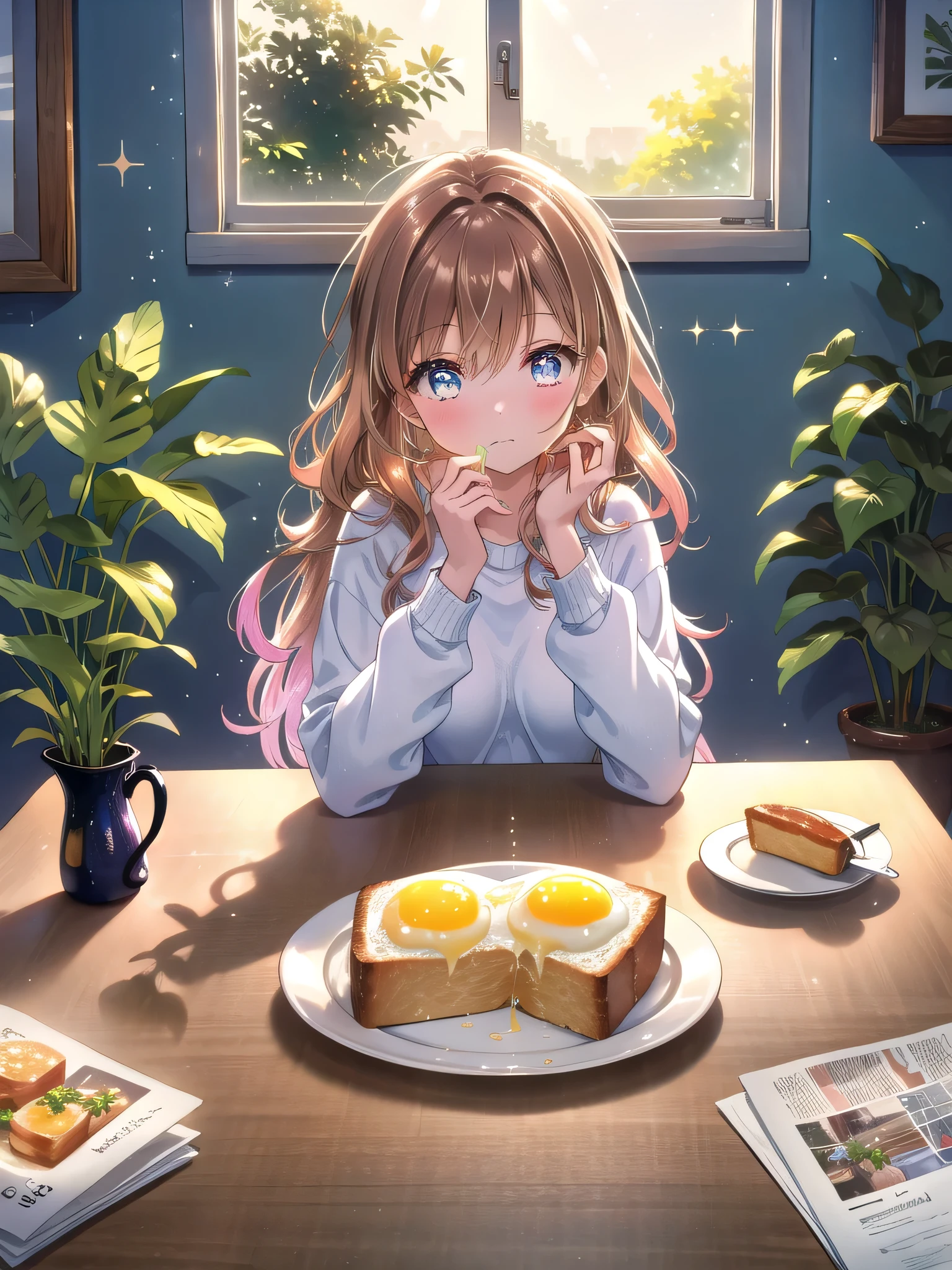 ((8k, Highest quality, masterpiece: 1.3)),Ultra-high resolution,(1 girl, alone), (Color changing eyes, Ultra-detailed, Expressive brilliance, Glitter, Glowing Eyes), Highly detailed eyes, Highly detailed face, Random Hair, ((pastel colour))A young girl with long, wavy brown hair sits at the kitchen table, enjoying a simple breakfast. She’s dressed in a casual outfit—a light sweater and leggings, comfortable for a relaxing morning at home. Her expression is peaceful as she sips her orange juice, a plate of toast and eggs in front of her. The kitchen is bright and airy, with sunlight streaming in through the window and a few potted plants adding a touch of greenery. The table is set with a simple placemat, and a newspaper lies open beside her plate. The room is quiet, with only the sound of the clock ticking and the occasional clink of silverware as she eats.
