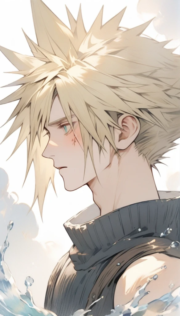 Highest quality,Artistic,Water painting(1.5),solo, One Man,Cloud Strife,Fantasy,Character profile, painful,Simple Background,
