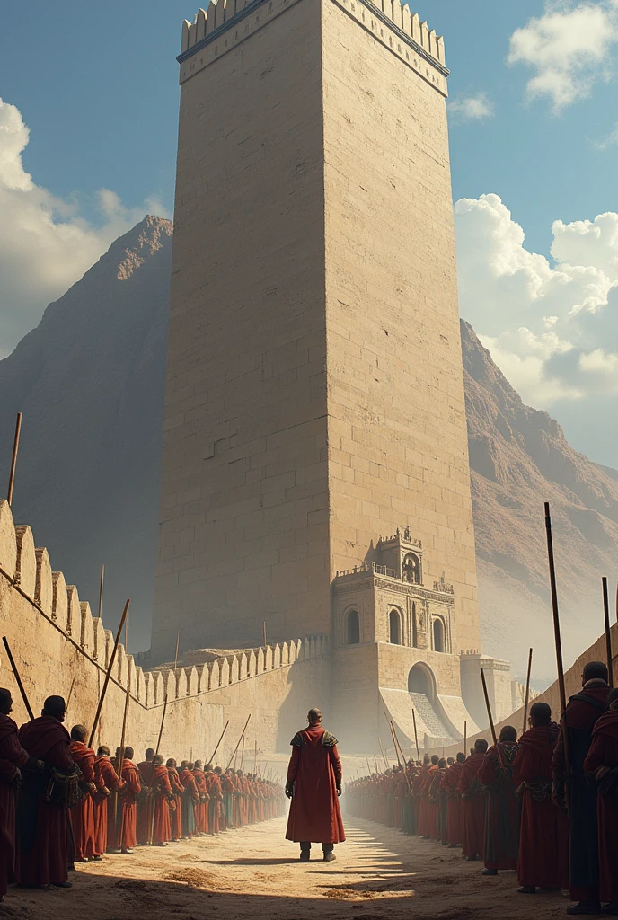 I want a beautiful image of a man with many people building a big wall