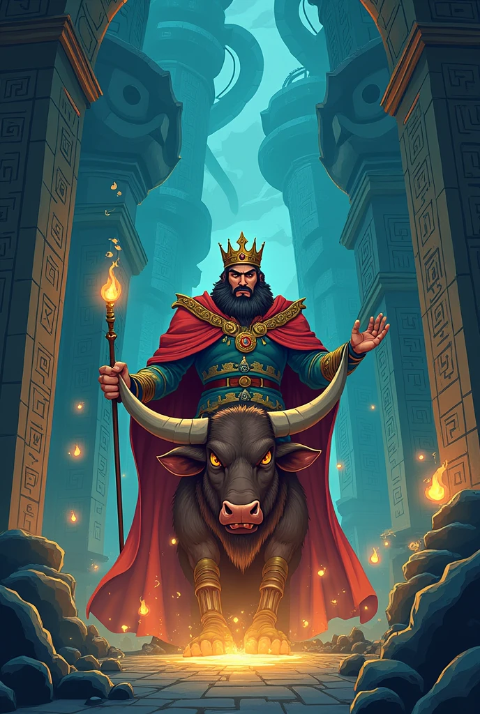 A king imprisoning a minotaur in a labyrinth animated drawing for children 