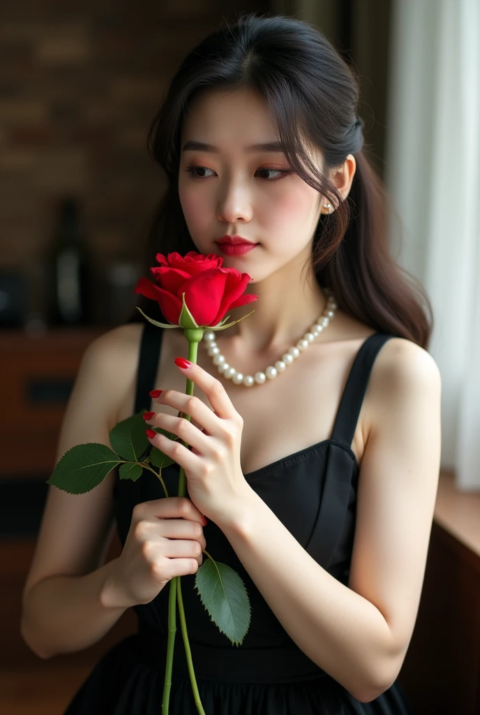 Photography，HD，Real People，An Asian girl holding a red rose in her hand，Smell the flowers，The movements are natural and elegant，1，Slightly fat，Red nails，Beautiful facial features，Exquisite makeup，Exquisite eyes，Eye details，Dark eyeshadow，Pearl Necklace，Black suspender skirt，Shoulder，arm，Soft light and shadows indoors，Rich details