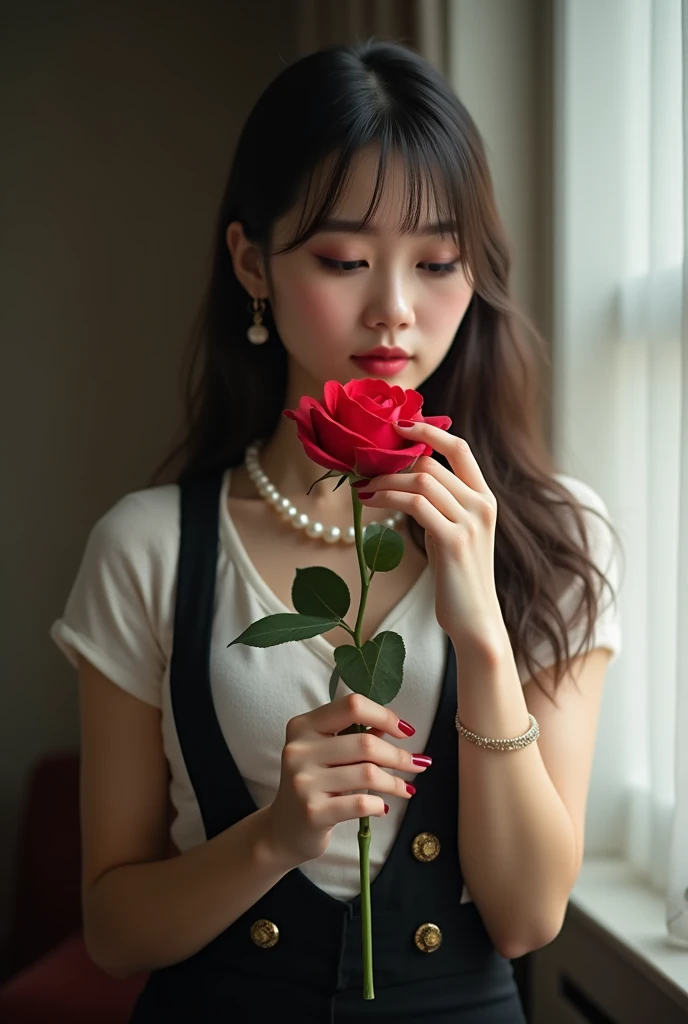 Photography，HD，Real People，An Asian girl holding a red rose in her hand，Smell the flowers，The movements are natural and elegant，1，Slightly fat，Red nails，Beautiful facial features，Exquisite makeup，Exquisite eyes，Eye details，Dark eyeshadow，Pearl Necklace，Black suspender skirt，Shoulder，arm，Soft light and shadows indoors，Rich details