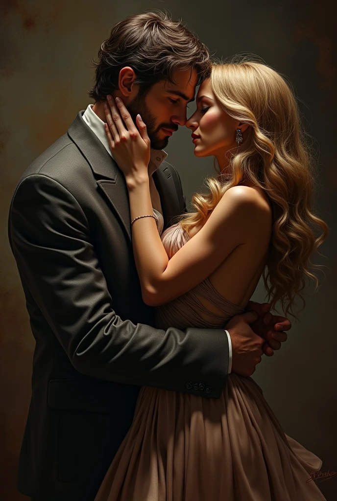 The handsome man in untidy suit holding a beautiful woman in sexy gown in his lap. The man grabbing the woman's cheek strongly