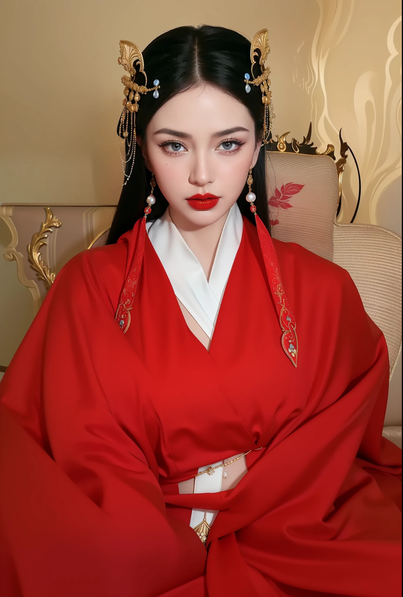 Royal princess,Extremely detailed, Delicate face, Stock Photography , Portrait 400, F1 Camera Lens.6, rich and colorful, Surrealism, Realistic textures, Dramatic Lighting, Thin Film Distiller 800 (8K, original photo, Better quality, masterpiece: 1.2), Extremely detailed, (Extremely delicate skin: 1.2), 8K ultra high definition, SLR camera, Soft Light, high quality.Fire Queen,Blue pupils,Wear red lipstick,Have a tattoo,The tattoo is very three-dimensional,Gorgeous and intricate tattoo designs,Dark eyeshadow,Sexy thick lips(Red lipstick),Gorgeous pearl and gemstone decoration,Cleopatra wore jewelry made of gold and precious stones.,The stunning Queen,