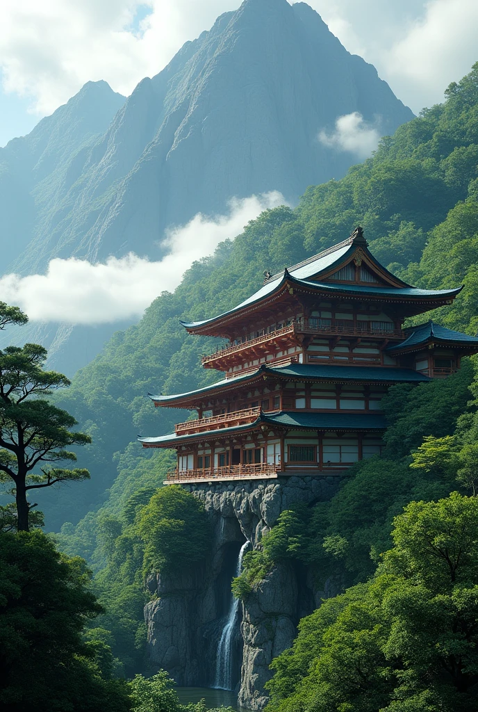 a traditional japanese big house, dense forest, mountain, detailed landscape, cinematic lighting, vibrant colors, volumetric fog, dramatic composition, architectural details, natural elements, stunning scenery, photorealistic, 8k, best quality, masterpiece